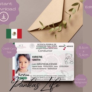 Editável fingir jogar carteira de motorista mexicana para crianças modelo de carteira de motorista do México brinquedo imprimível editável continuar dirigindo passou dirigindo