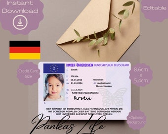 Deutscher Führerschein für Kinder, bearbeitbare Führerscheinvorlage, druckbare Spielzeuglizenz, weiter fahren, Kinderführerschein