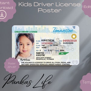 Bewerkbare fantasiespel VS-rijbewijsposter voor kinderen, Tennessee rijbewijssjabloon, afdrukbaar speelgoed bewerkbare muurdecoratie 20 x 30 inch
