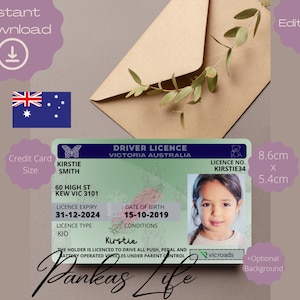 Fantasiespel Australië rijbewijs voor kinderen, Victoria-rijbewijssjabloon, afdrukbaar speelgoed bewerkbaar, blijf rijden, peuterspeelgoed