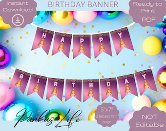 Prinzessin Happy Birthday Banner, druckbare Prinzessin Geburtstagsdekoration, Flaggenbanner, 4. Geburtstagskind, rosa Prinzessin Partyzubehör
