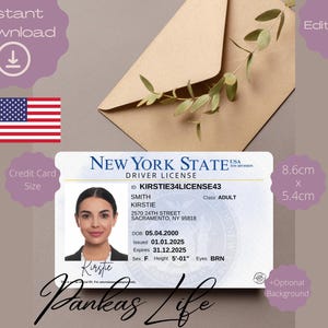 Fantasiespel New York rijbewijs voor volwassenen, sjabloon rijbewijs VS, afdrukbaar speelgoed voor volwassenen Leuke auto-accessoires