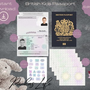Passaporto per bambini britannici modificabile, copertina per passaporto stampabile, timbri di viaggio, Adventure Time, articoli essenziali per i viaggi dei più piccoli