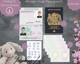 Bearbeitbarer Pretend Play britischer Kinderpass, druckbare Passhülle, Reisestempel, Adventure Time, Kleinkind-Reisebedarf