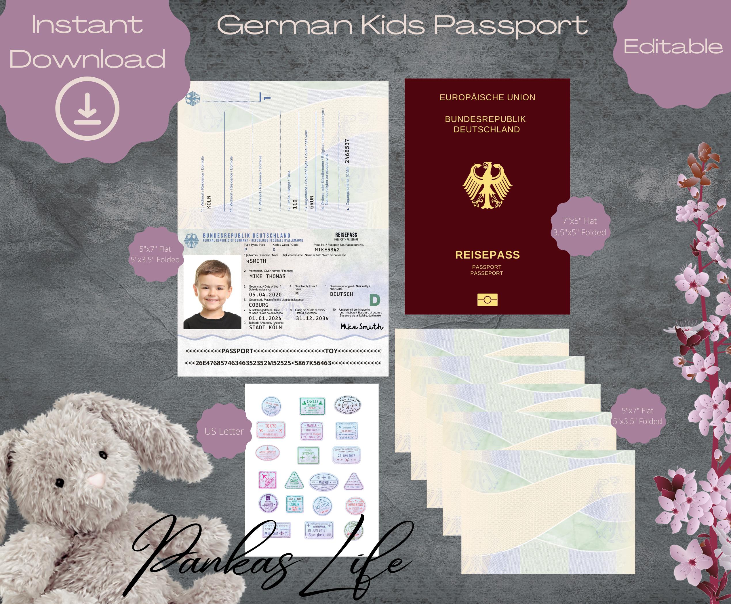 Bearbeitbarer Pretend Play Deutscher Kinderpass, druckbare Passhülle, Reisestempel, Adventure Time, Kleinkind-Reisebedarf