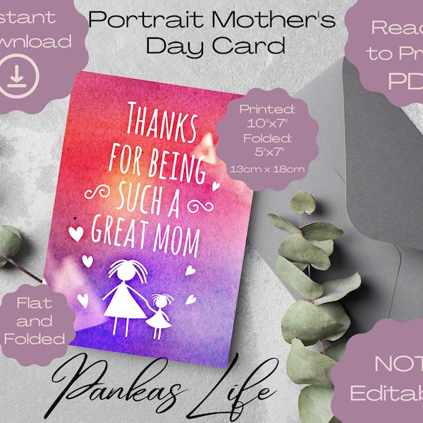 Heartfelt Thanks for Being Such a Great Mom Printable Mother's Day Greeting Card, Homemade Card, Last-Minute Gift Idea, Instant Present