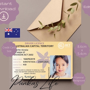 Fantasiespel Australië rijbewijs voor kinderen, rijbewijssjabloon Capital Territory, afdrukbaar bewerkbaar peuterspeelgoed