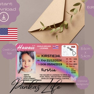 Pretend Play Usa rijbewijs voor kinderen, Hawaii-rijbewijssjabloon, afdrukbaar speelgoed bewerkbaar, blijven rijden, geslaagd voor autorijden