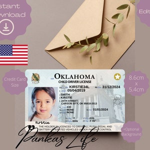 Pretend Play Usa rijbewijs voor kinderen, Oklahoma rijbewijssjabloon, afdrukbaar speelgoed bewerkbaar, blijf rijden, peuterspeelgoed