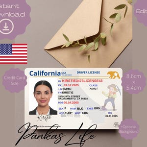 Fantasiespel Californië rijbewijs voor volwassenen, sjabloon rijbewijs VS, afdrukbaar speelgoed voor volwassenen Leuke auto-accessoires