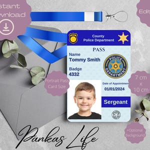 Carta d'identità della polizia modificabile per bambini, distintivo della polizia stampabile, accessori per feste a tema polizia, distintivo della polizia fai da te per cordino