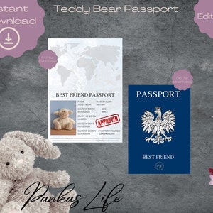 Teddybeerpaspoort Reisaccessoires Bewerkbare fantasiespel voor kinderen, afdrukbare speelgoedlicentie, tijd voor avontuur, reisbenodigdheden knuffel