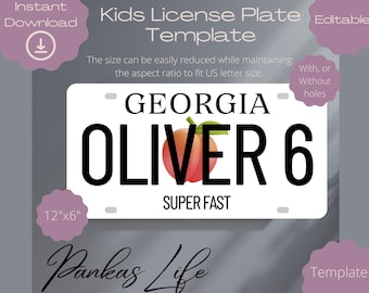 Matrícula personalizada para niños, plantilla de decoración de habitación infantil de Georgia, EE. UU., accesorios para conductores imprimibles, juguetes para niños pequeños, manualidades de bricolaje, decoraciones para automóviles