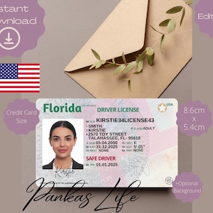 Fantasiespel Florida rijbewijs voor volwassenen, sjabloon rijbewijs VS, afdrukbaar speelgoed voor volwassenen Leuke auto-accessoires