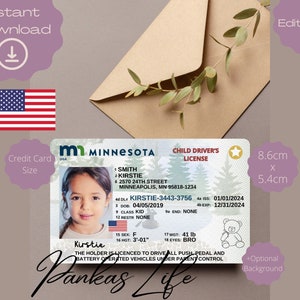 Pretend Play Usa rijbewijs voor kinderen, Minnesota rijbewijssjabloon, afdrukbaar speelgoed bewerkbaar, blijven rijden, geslaagd voor autorijden