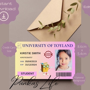Bewerkbare fantasiespel studentenkaart voor kinderen, ID-sjabloon speelgoeduniversiteit, afdrukbare peuteraccessoires, kinderlicentie, rollenspel