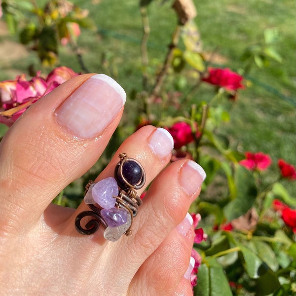 Amethyst Copper Toe Ring, Wire Wrapped Rings, Copper Knuckle  Ring, Handmade Midi Copper Wire Jewelry, Boho Gypsy Rings, Mothers Day Gifts