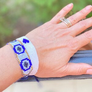 Beaded Bracelets for Women, Set of 2 Bracelets, Evil Eye Miyuki Bracelet, Summer Jewelry, Aztec Design, Beach Accessories