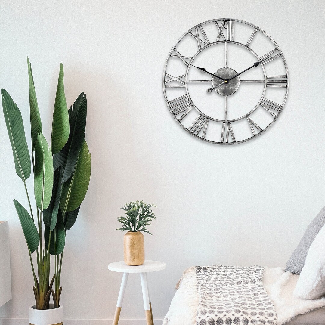 60cm Large Metal Skeleton Wall Clock Silver Roman Numerals Etsy UK