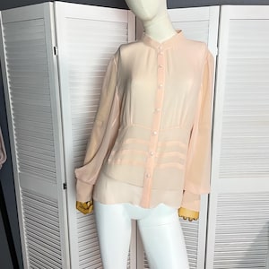 Silk Chiffon Blouse: Peach Mandarin Collar Long Sleeve Shirt