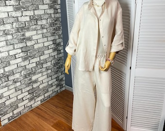 Women linen set beige outfit shirt pants natural linen summer