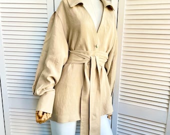 Beige Linen Wrap Blouse: Long Sleeve Shirt with Belt