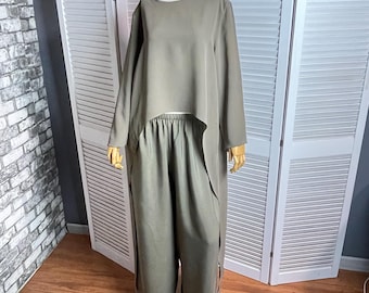 Silk Oversized Blouse, Minimalist Top, Asymmetric Tunic, Long Sleeve Shirt, Olive Beige