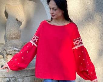 Red Linen Embroidered Blouse Ukrainian Vyshyvanka  Handmade Folk  Boho Ethnic Top