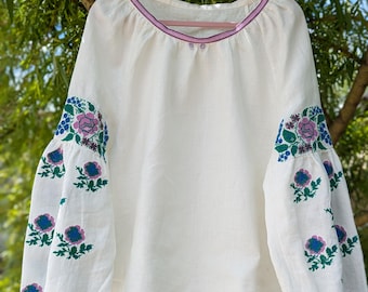 Embroidered Linen Blouse, Floral Ukrainian Vyshyvanka
