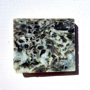 Peut inclure: Carreau de pierre carré avec un motif unique. Le carreau présente un mélange de couleurs noires, vertes et blanches, créant un aspect moucheté. La pierre a une texture rugueuse et est posée sur un fond blanc.