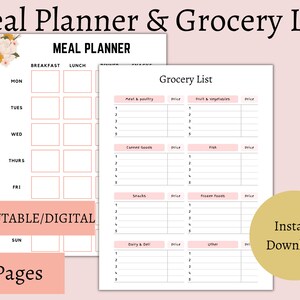 Meal Planner, Digital Meal Planner, Grocery List, Printable Meal Planner, Meal Tracker, Weekly Meal Planner, 2022 Meal Planner, Recipe Book