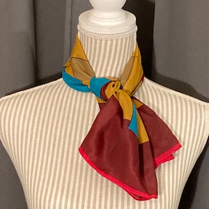 Vintage Pierre Cardin Scarf – Blue, Gold, Pink & Maroon Silk Blend – 31” Square Designer Scarf
