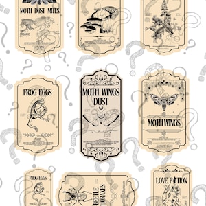 May include: A collection of vintage-style labels with botanical and insect illustrations. The labels feature text such as "Moth Dust Mites," "Shroom Spores," "Frog Eggs," and "Love Potion." The color palette is primarily beige and black.