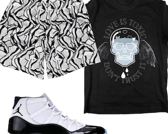 Shorts to Match Jordan 11 Concord 2018 | Black White Sneaker Match Tee | Air Jordan 11 Low Concord Outfit Shirt | Concord Jordan XI Gift