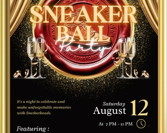 Electronic Sneaker Ball Party Invitation, Birthday Invite, sneaker gala invite,gold black save the date editable template Instant download