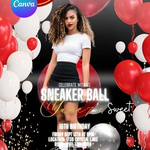Puede incluir: Una invitación a una fiesta de cumpleaños con fondo negro y globos rojos y blancos. El texto de la invitación dice "Celebrate with us Sneaker Ball Jane's Sweet 16th Birthday Friday Sept 13th at 9pm Location: 1738 Crystal Lake RSVP: (281) 330-8004".