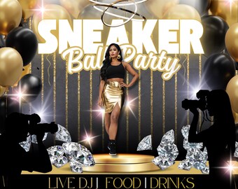 Electronic Sneaker Ball Party Invitation, Birthday Invite, sneaker gala invite,gold black save the date editable template Instant download