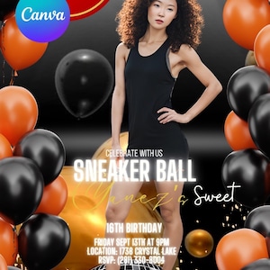 Electronic Sneaker Ball Party Invitation | Orange & Black Birthday Invite | Sneaker Gala Editable Template | Instant Download PDF