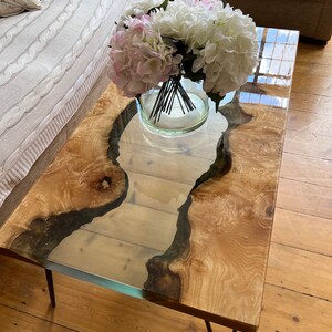 River resin coffee table, live-edge Burr Ash.