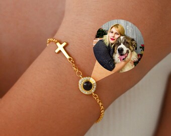 Personalized Photo Projection Bracelet,Gold Cross Bracelet,Memorial Picture Bracelet,Birthday Gift for Her,Bubble Bracelet,Christmas Gift