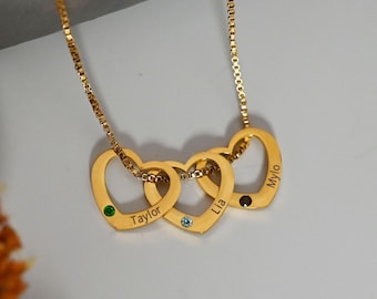 Custom Gold Name Heart Necklace,Multiple Birthstone Necklace,Mother's Day Gift,Birthday Gift,Couples Necklace,Christmas Gift for Her