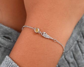 Pulsera de piedra natal con alas de ángel, regalo de ángel de la guarda, pulsera de condolencias por aborto espontáneo, regalo de piedra natal de oro, regalo de pérdida de bebé, regalo de cumpleaños