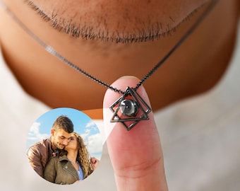 Personalized Photo Projection Necklace,Geometric Interlocking Triangle Square Necklace,Mens Necklace,Gift For Him,Birthday Gifts,Couple gift