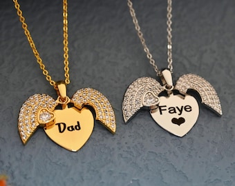 Personalized Hidden Name Necklace,Heart Name Necklace with Wings,Guardian Angel Wings Necklace,Gift for Daughter,Gift for Loss,Grieving Gift
