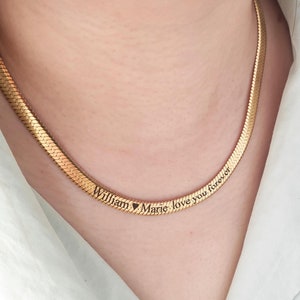 Engraved message Gold Snake Chain,Herringbone Chain Necklace,Name Layering Necklace,Dainty Gift For Her,Gift for Mom, Signature Necklace