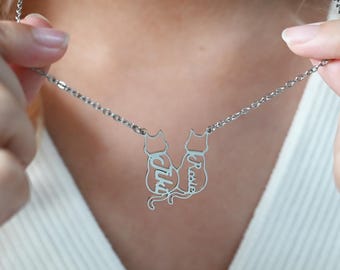 Personalized Cat Name Necklace,Custom Cat Memorial Gift,Letter Jewelry,Name Necklace Gift for Pet Lover,Cat Silhouette Necklace,Gift For Her