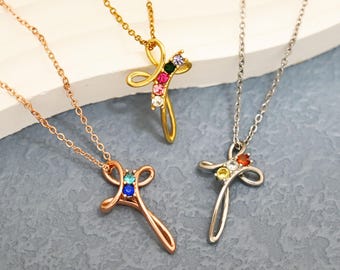 Custom Gold Cross Necklace,Family Birthstone Necklace,Christian Gifts,Baptism necklace,Christmas Gift for her,Religious Jewelry,Mom Gift