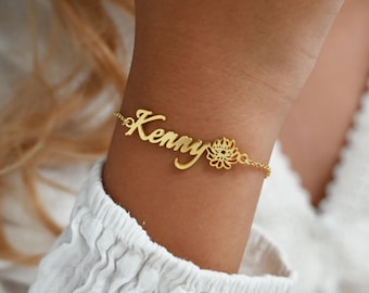 Custom Birth Flower Bracelet with Name,Gold Name Bracelet,Floral Bracelet,Birthday Gift for Her,Christmas gifts for mom,Bridesmaid Gift