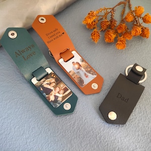 Portachiavi in pelle con foto personalizzata, accessorio da uomo, regalo personalizzato per lui, regalo per la festa della mamma, regalo per la festa del papà, regalo per lo sposo, portachiavi di coppia