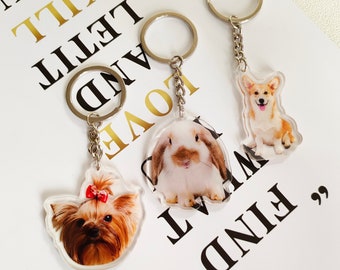 May include: Three keychains with clear plastic charms featuring images of a Yorkshire Terrier, a rabbit, and a Corgi. The charms are attached to silver key rings and chains.